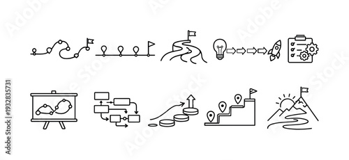 Business process planning line icon set. workflow, strategy, growth linear icons.
