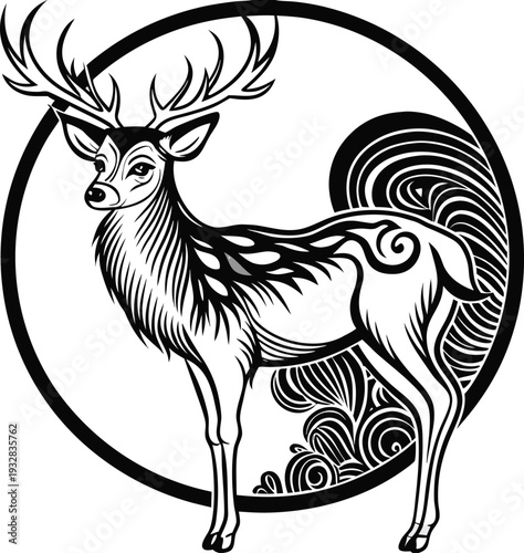 Vector illustration of a deer with antlers in a circle