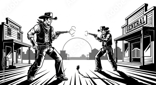Cowboys face off in a dramatic gunfight showdown in the wild west town.