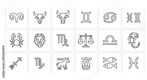Zodiac signs illustration, representing the twelve astrological symbols in a row.