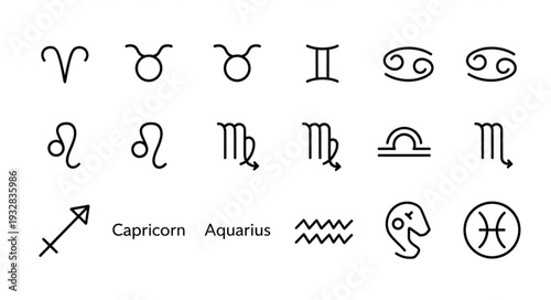 Zodiac Signs Depicted in Simple Black and White Symbols.