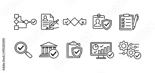 Business process outline icon set. management, flowchart, checklist linear collection