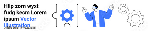 Problem-solving, teamwork, collaboration, project management, solutions, strategy. Puzzle piece, gear icons and a male figure pointing. Problem-solving and teamwork concept