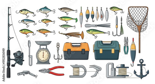 Collection of fishing equipment and various fish illustrations for recreational angling.
