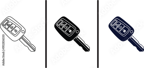 A set of three electronic car keys in different colors and stages of design