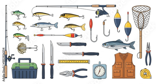 Collection of fishing equipment and accessories for recreational angling activities.