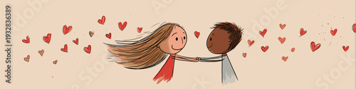 Smiling cartoon boy and girl with red hearts floating above them, depicting true love. Happy cartoon couple showing love and affection