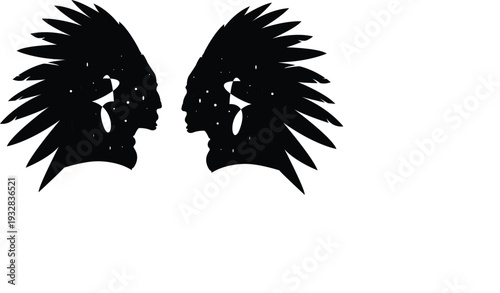 Native american indian warrior profile with feather headdress- black vector design