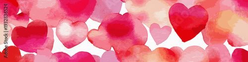 Watercolor hearts creating a seamless pattern in shades of pink and red on a white background. Seamless watercolor heart pattern for Valentine's Day love