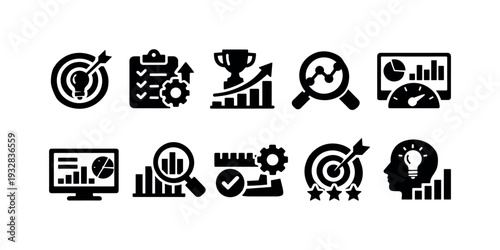 Marketing and strategy silhouette icon set. business growth, analytics icons collection
