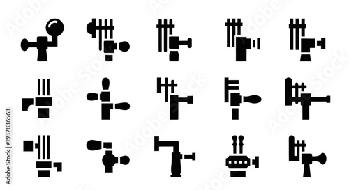 Collection of various black faucet icons on white background displayed from different viewpoints showcasing diverse plumbing fixtures