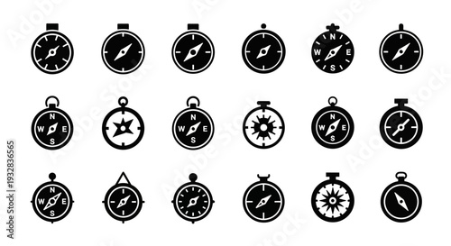 Collection of various black and white compass icons displayed on a clean white background from a straightforward viewpoint