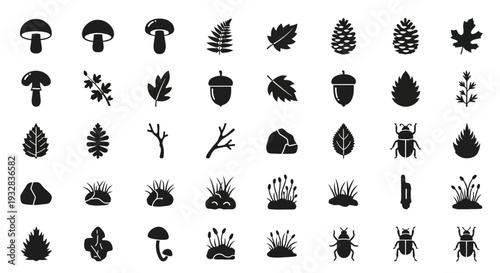 Collection of various insects and plants illustrated in black silhouettes against a clean background from a straightforward viewpoint