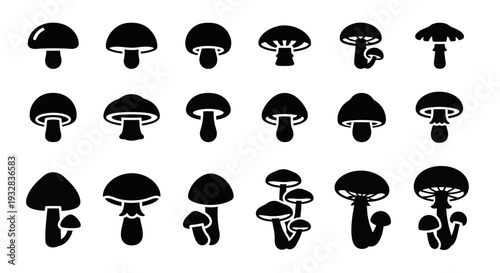 Collection of various black mushroom silhouettes illustrated in different growth stages and angles