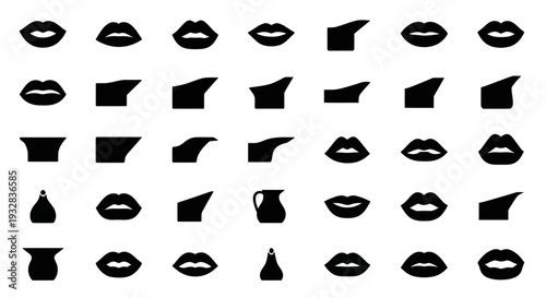Collection of various lip and mouth silhouettes in different shapes and styles on a clean white background from a straightforward viewpoint
