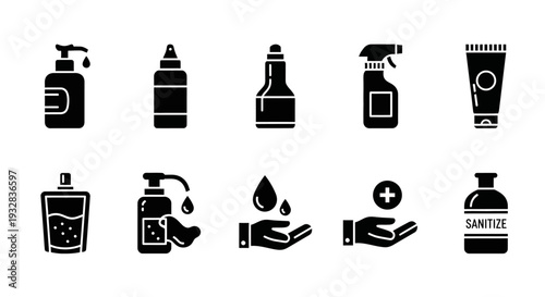 Collection of hygiene icons representing various personal care products and sanitizing tools in black silhouettes
