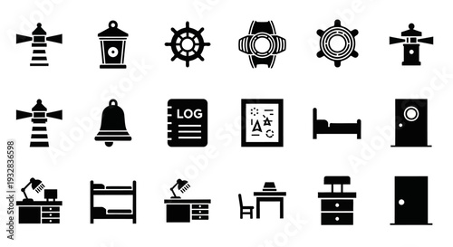 Collection of black office and navigation icons on a white background displayed from a straightforward viewpoint