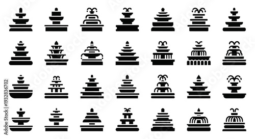 Collection of diverse Stupa icons in various architectural styles, representing spirituality and culture, in a grid layout, viewed from directly above
