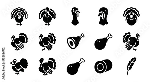 Collection of turkey icons in various poses and views, illustrations on a clean background