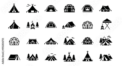 Collection of various tent icons in black and white, showcasing different camping styles and environments from a straightforward viewpoint