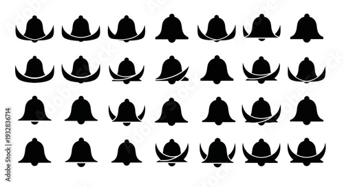 A collection of assorted hat silhouettes in a grid pattern on a plain background from a straightforward viewpoint