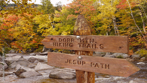 Hiking trail sign , Acadia National Park Maine in the fall