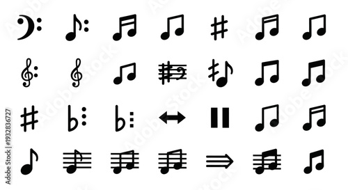 A collection of musical symbols and notes displayed on a clean background from a straightforward viewpoint