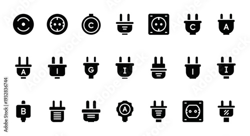 Collection of various electrical outlet and plug icons on a white background from a straightforward viewpoint