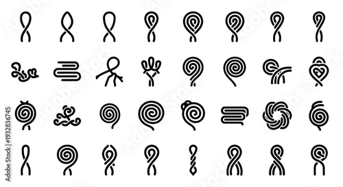 Collection of various minimalist black line icons representing different objects and abstract concepts on a plain background viewed from a straightforward perspective.