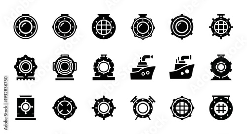 Collection of Various Black Ship Icons on White Background Illustrations