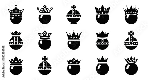 Collection of black crown icons on white background viewed from directly above