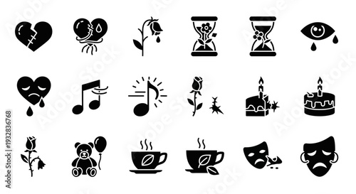 Black and white illustration of various icons representing emotions and daily life on a plain white background from a straightforward viewpoint