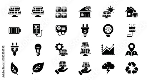 Collection of black icons representing renewable energy sources and eco-friendly practices on a white background, viewed from a straightforward perspective.