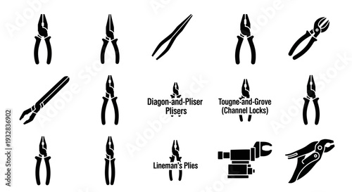 Collection of various pliers and tools displayed against a plain background, showcasing different types and functions