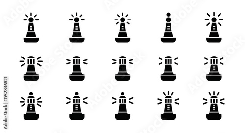 Collection of black silhouetted lighthouse icons arranged in a grid pattern on a clean background from a straightforward viewpoint