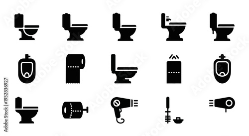 Collection of black bathroom icons on white background illustrating various fixtures and appliances from different viewpoints
