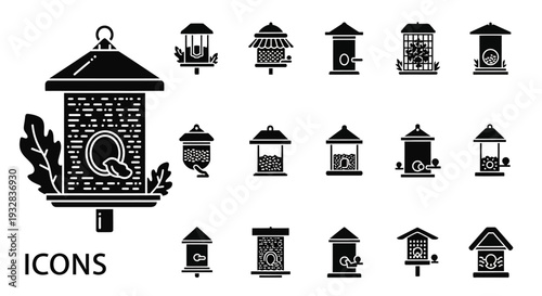 Collection of birdhouse icons in various designs and styles, showcasing different architectural elements and decorative features.