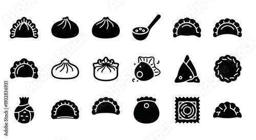 Collection of Asian-Style Food Icons Featuring Dumplings and Other Cuisine Elements in Simple Black and White Design