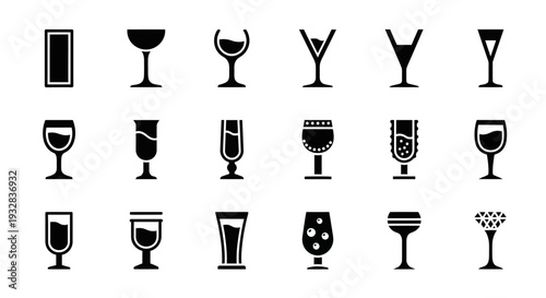Collection of various drink glasses and cups icons arranged in a grid on a clean white background from a straightforward viewpoint
