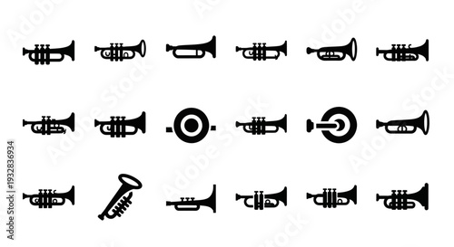 Collection of various trumpet icons displayed in a grid pattern on a clean background viewed from a straightforward perspective.