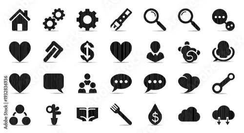 Collection of black icons representing various concepts and actions on a clean white background