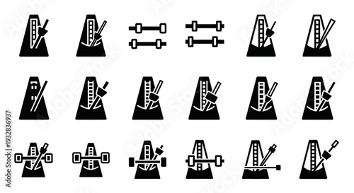 A collection of dumbbell icons in various configurations and orientations on a simple background viewed from a straightforward perspective