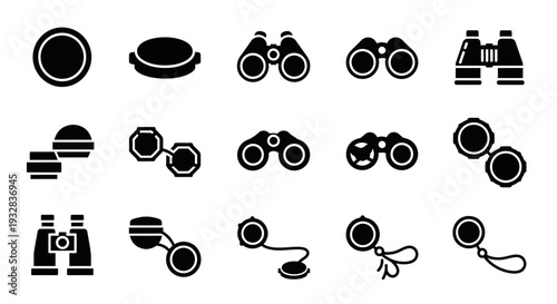 A collection of black and white icons representing various photography and travel accessories on a clean white background viewed from directly above