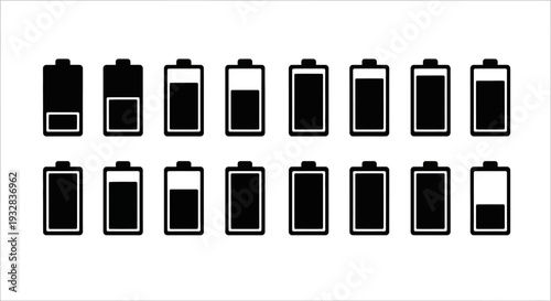 A series of battery icons showing different charge levels from empty to full on a plain white background viewed from directly above