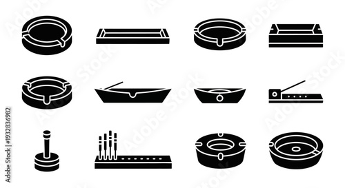A collection of black and white icons representing various objects and symbols displayed on a plain background from a straightforward viewpoint