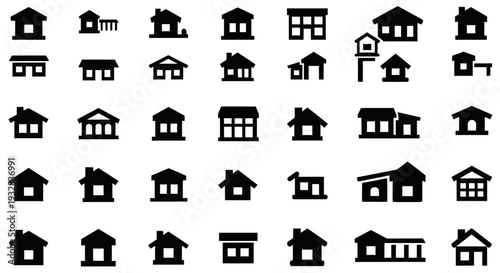 Collection of various house icons in black silhouettes on a plain background, showcasing different architectural styles and designs