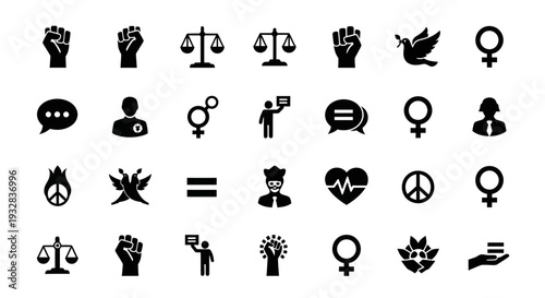 A collection of icons representing social justice and equality, featuring symbols of peace, freedom, and human rights from a straightforward viewpoint