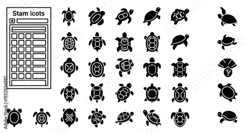 Collection of various black turtle icons and stamps displayed on a white background, showcasing different designs and styles.