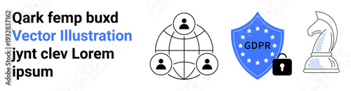 Data protection, cybersecurity, strategy, online privacy, compliance, digital safety. Illustrations include a connected network, GDPR shield secure lock and chess piece. s data protection