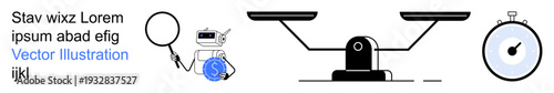 Financial planning, business strategy, analytical tools, justice concept, decision-making, time management. Magnifying glass, scales and stopwatch. Financial planning and business strategy